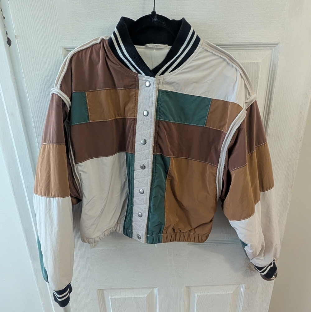 Free People Patchwork Bomber Jacket in Brown, Tan, Cream & Green